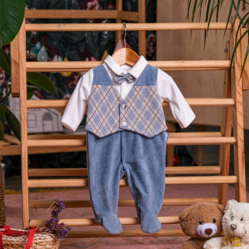 Gömlek Yaka Ekose Yelek Ekose Papyonlu Erkek Bebek Tulum